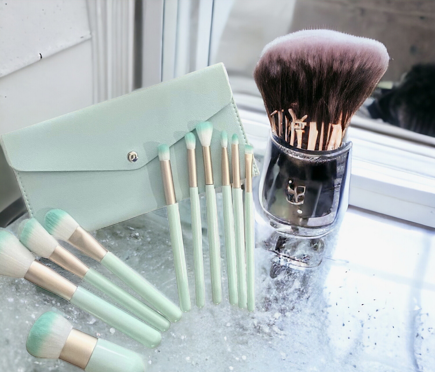Make Up Borstel Set 10 stuks - Kwalitatieve Vegan make-up borstel set met opbergzak - in een zachte opvallend groene kleur