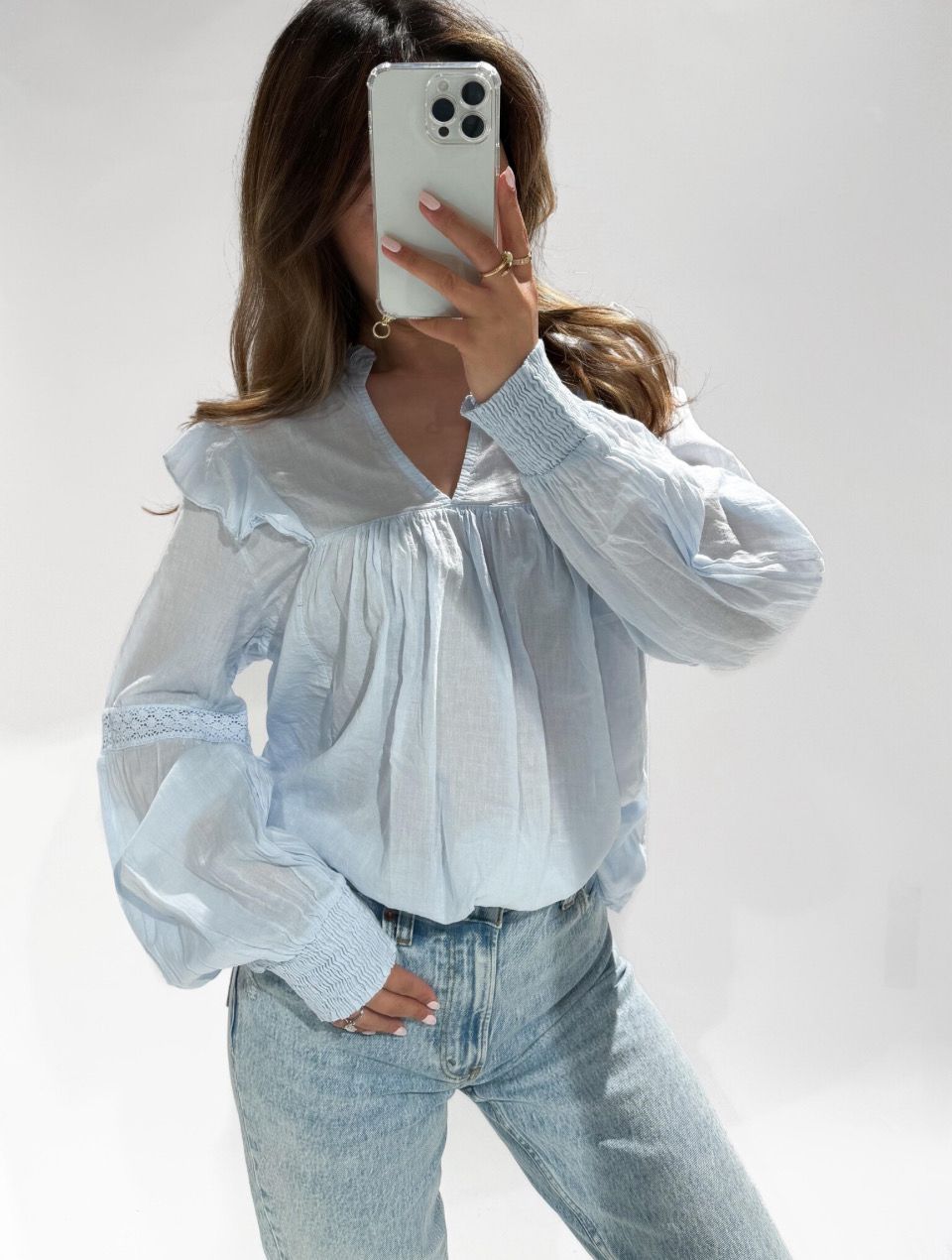 Frivole Top - Emily Top - Top Met Lange Mouwen - Losse top - lichte blauw - Top voor dames - Lente / Zomer top - Frivole Blouse