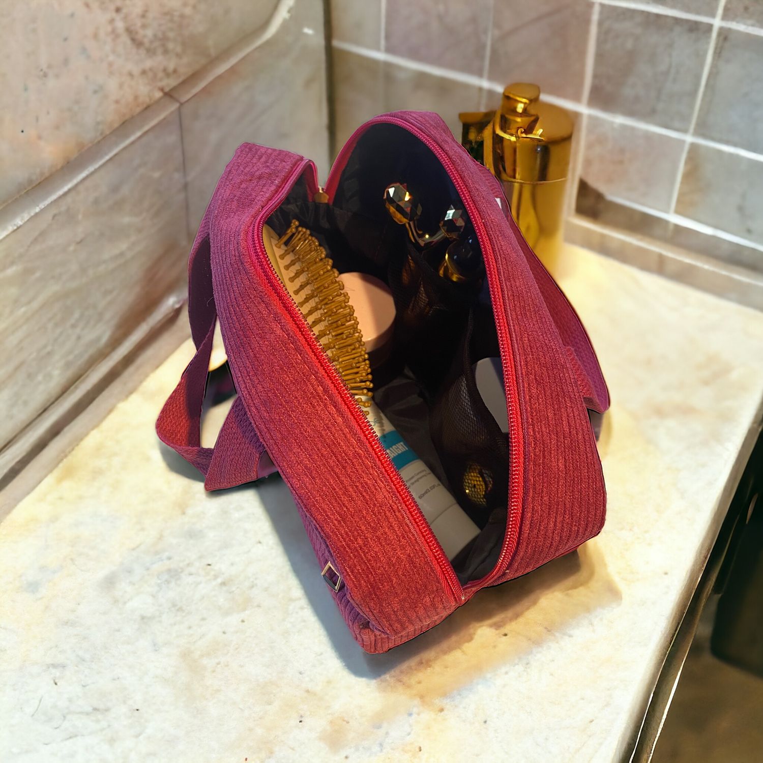 Praktische Tas - Grote Toiletzak - Draagbaar- Make Up Opbergtas - Geribd katoen - Draagbare toilettas - ruime opberg tas met Rits - Make Up Opbergtas Voor Vrouwen