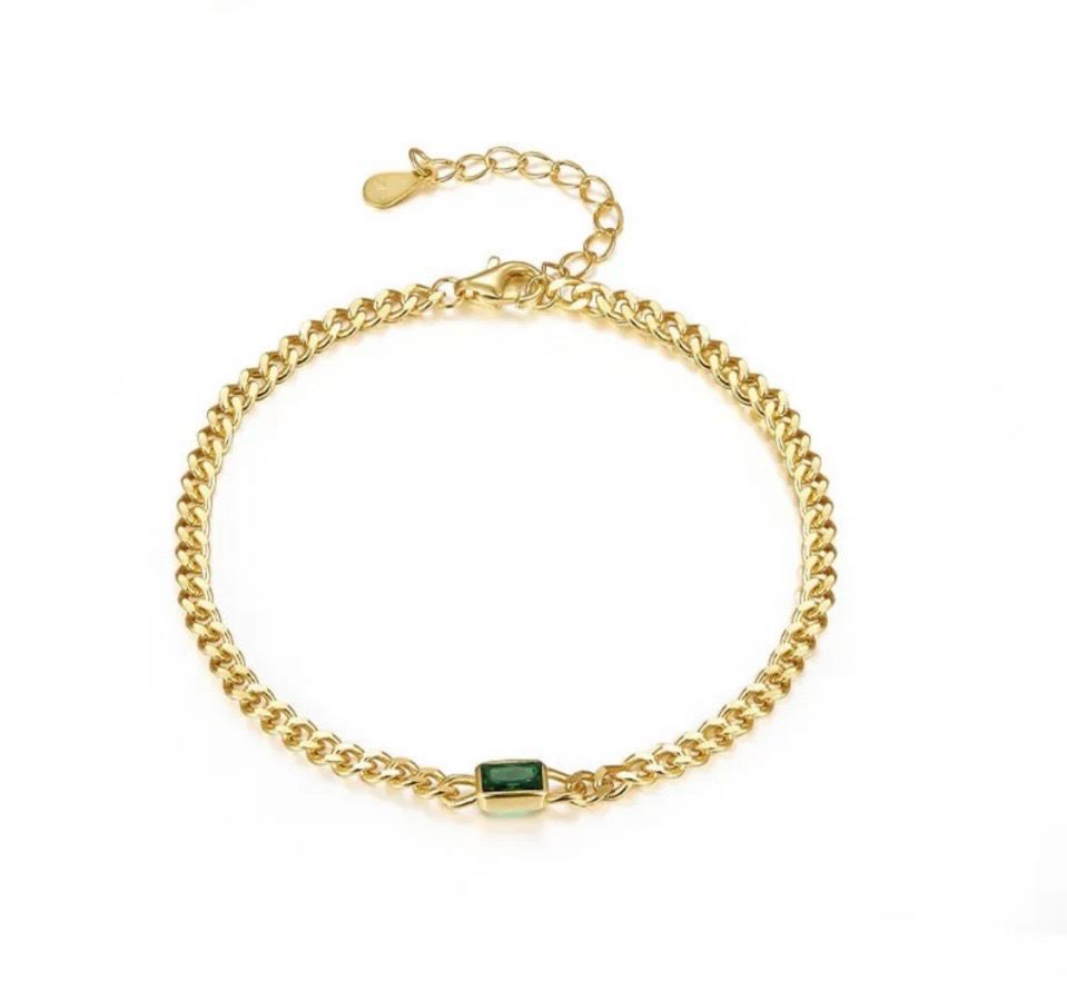 Armband Met Groen Steentje - Schakel Armband - Sterling Silver - Plating 18K Goud - zilveren armband- armband voor vrouwen - cadeautip - cadeau voor haar