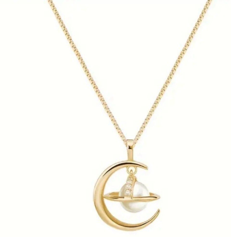 Ketting Met Maan Hanger - Ketting Met Maan Hanger en Parel- Ketting Voor Vrouwen. Sterling Zilver Ketting Met Hanger - Goud Platina