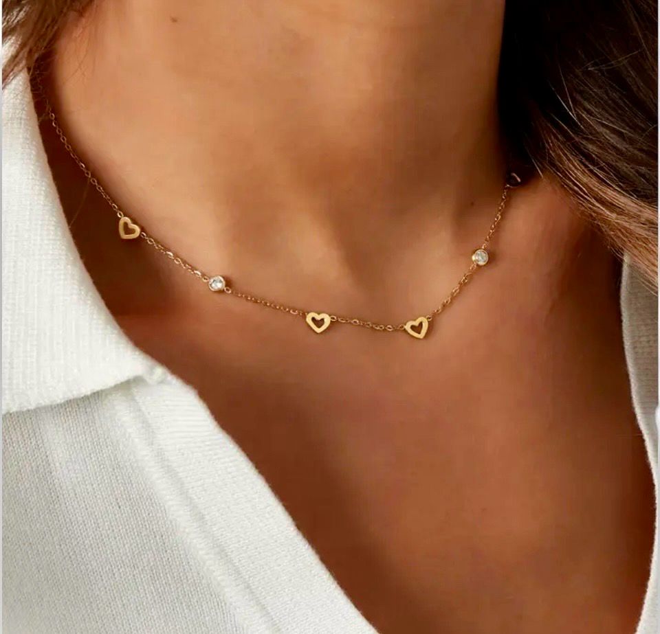 Ketting met hart en diamant bedels - Ketting Zonder Hanger - Ketting Met Bedels - Stainless Steel Ketting - Ketting Voor Vrouwen