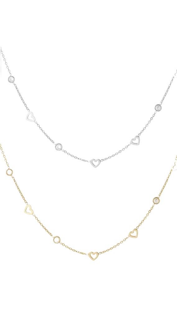 Ketting met hart en diamant bedels - Ketting Zonder Hanger - Ketting Met Bedels - Stainless Steel Ketting - Ketting Voor Vrouwen