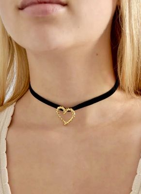 Love Choker Ketting Met Hart - Stainless Steel ketting - zwarte choker met hart