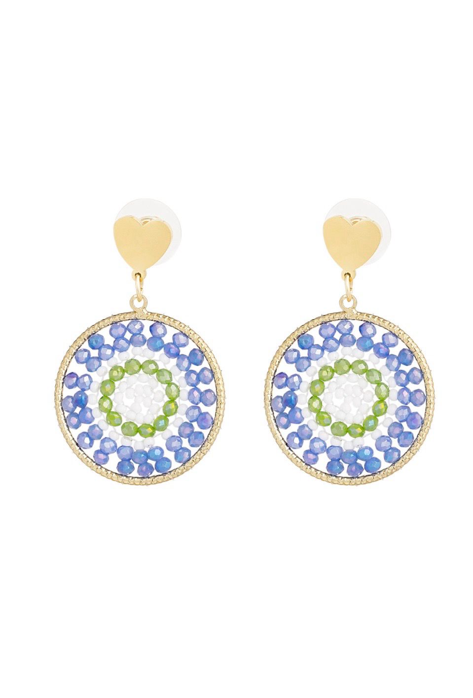 Mandala Oorbellen Met Hart - Stainless Steel oorbellen, Kleur: Blauw/ Groen