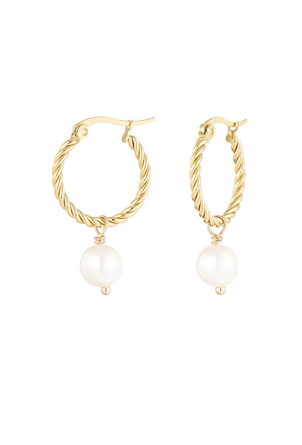 Gedraaide Ring Oorbellen Met Parel - Stainless Steel oorbellen - Hoops met parel, Kleur: Goudkleurig