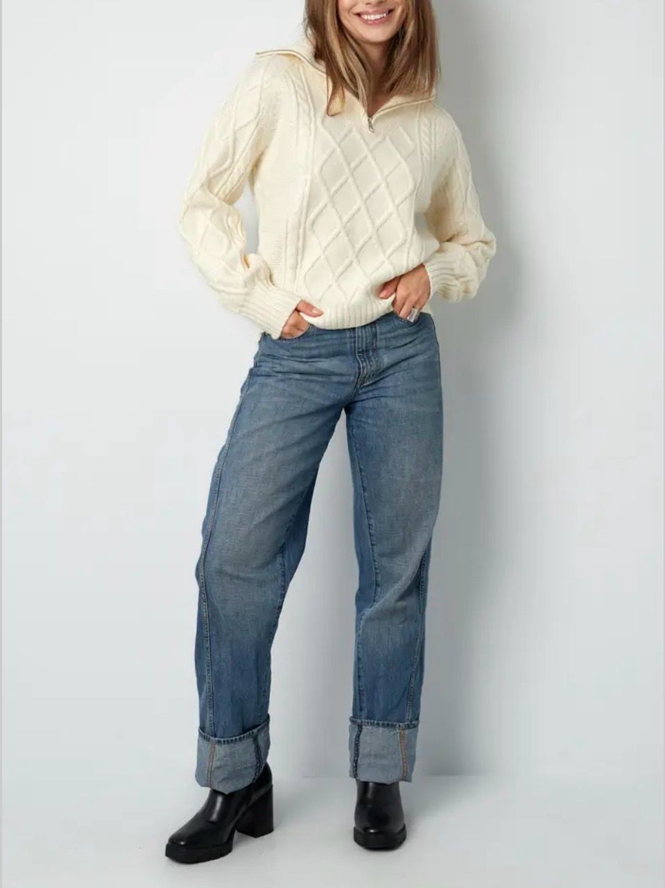 Gebreide Trui Met Kabels - Wollen Trui - Trui Met Rits -kabeltrui - Knitted trui - Witte trui - trui voor dames