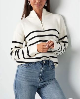 Gebreide Sweater - Wollen Trui - Trui Met Strepen - Trui Met Rits - Trui voor vrouwen - zwarte trui - witte trui