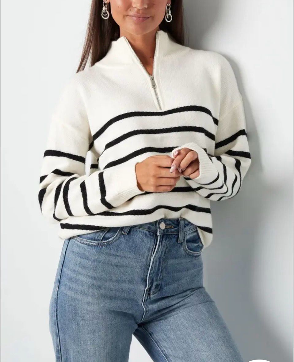 Gebreide Sweater - Wollen Trui - Trui Met Strepen - Trui Met Rits - Trui voor vrouwen - zwarte trui - witte trui