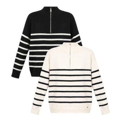 Gebreide Sweater - Wollen Trui - Trui Met Strepen - Trui Met Rits - Trui voor vrouwen - zwarte trui - witte trui