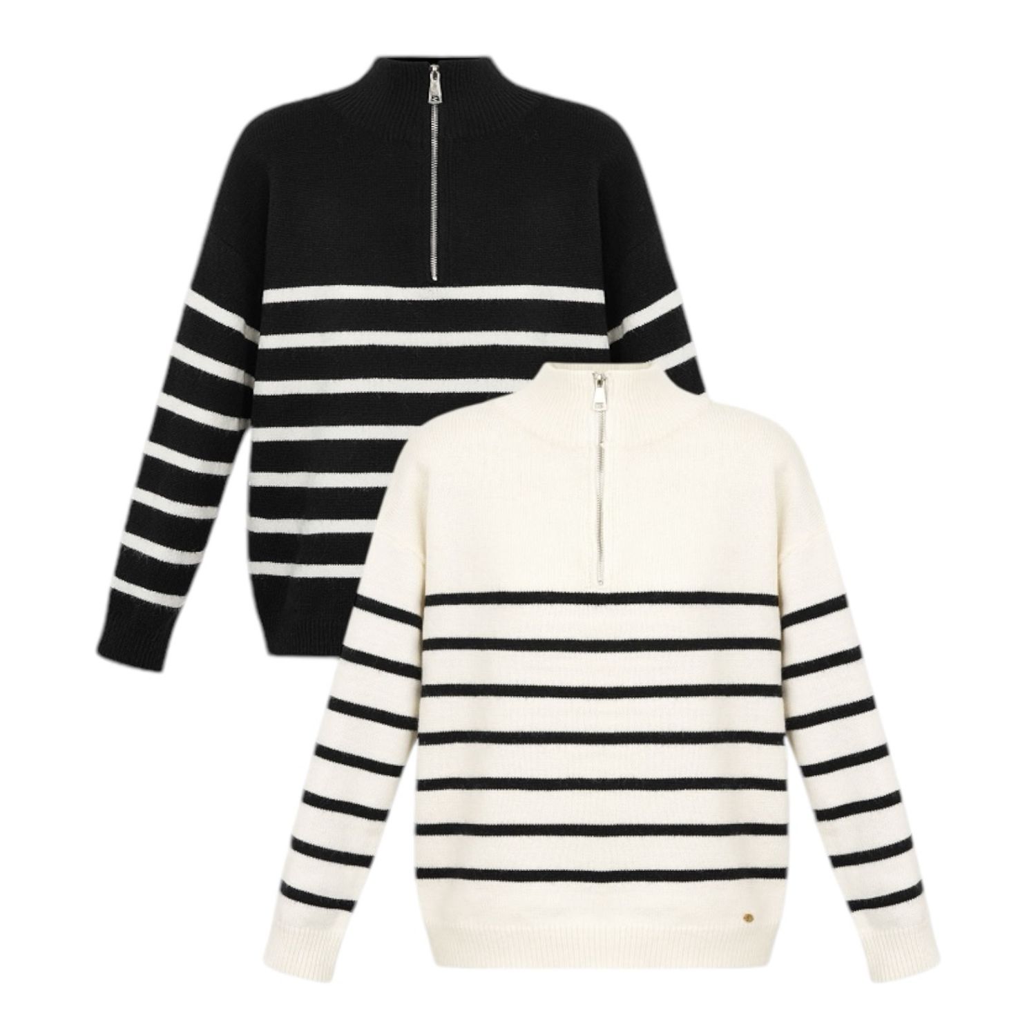Gebreide Sweater - Wollen Trui - Trui Met Strepen - Trui Met Rits - Trui voor vrouwen - zwarte trui - witte trui