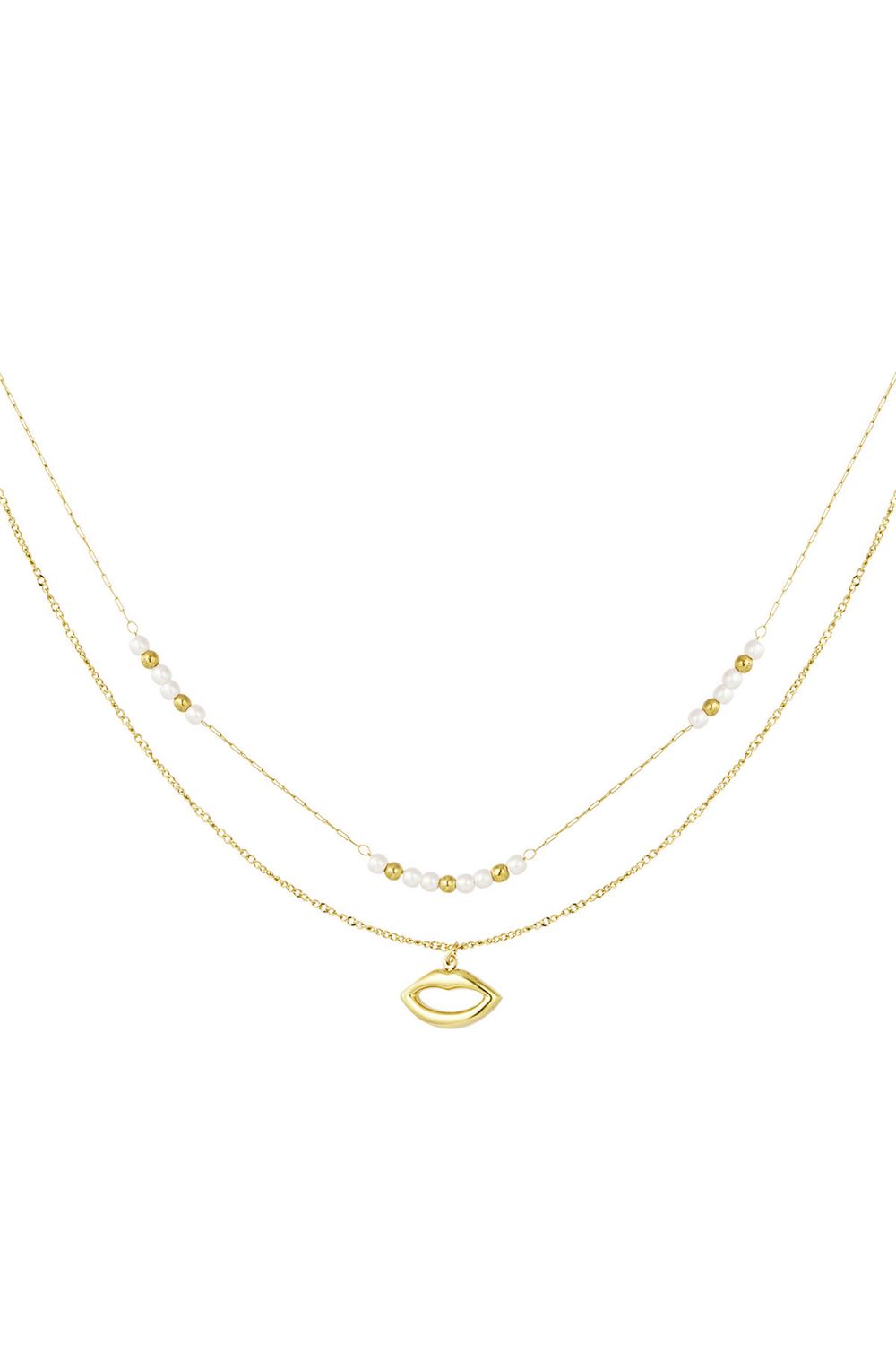 Dubbele Ketting - Kiss Hanger En Parels - Ketting voor vrouwen - Goud - Stainless Steel - Cadeau tip - cadeau voor dames