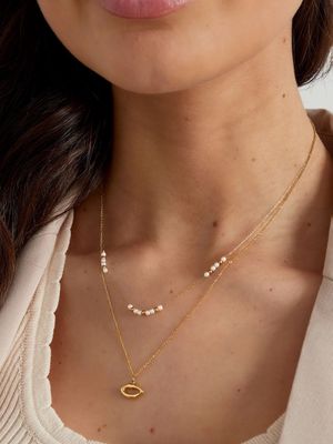Dubbele Ketting - Kiss Hanger En Parels - Ketting voor vrouwen - Goud - Stainless Steel - Cadeau tip - cadeau voor dames