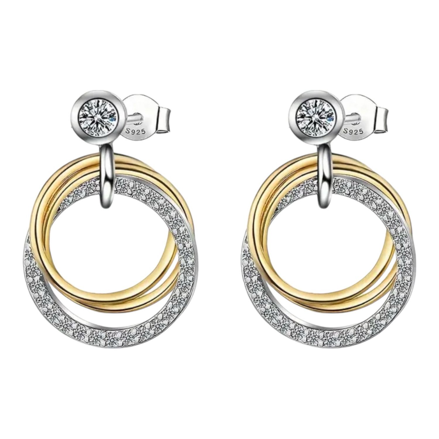 Triple Ring Oorbellen Met Steentje - Oorbelstekers - Zilveren Oorbellen - Platina Goud - Cadeau Tip - Cadeau Voor Haar