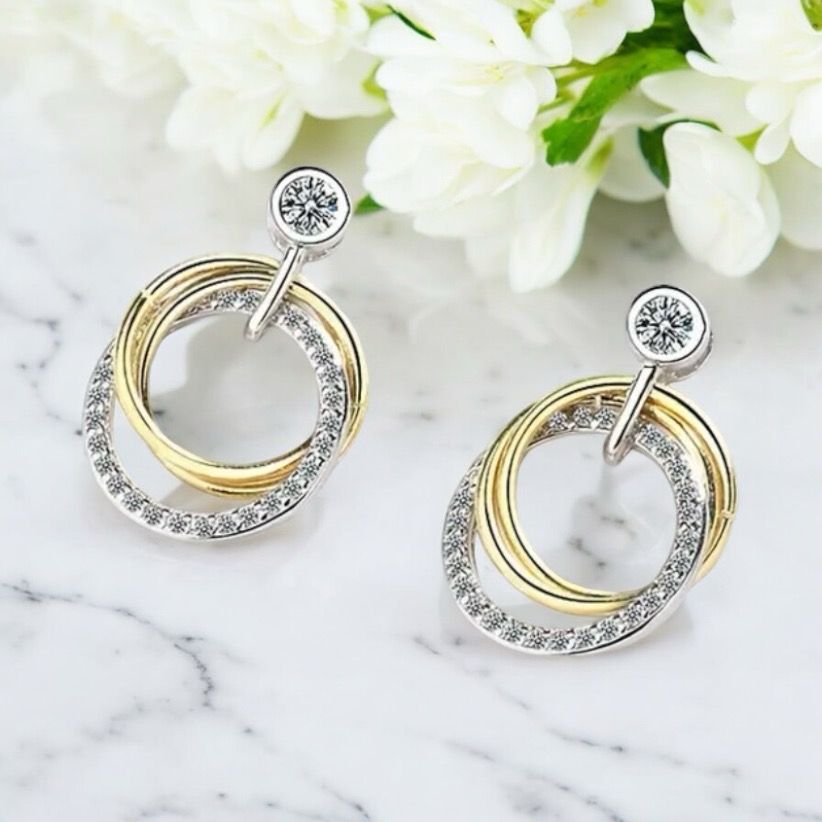 Triple Ring Oorbellen Met Steentje - Oorbelstekers - Zilveren Oorbellen - Platina Goud - Cadeau Tip - Cadeau Voor Haar
