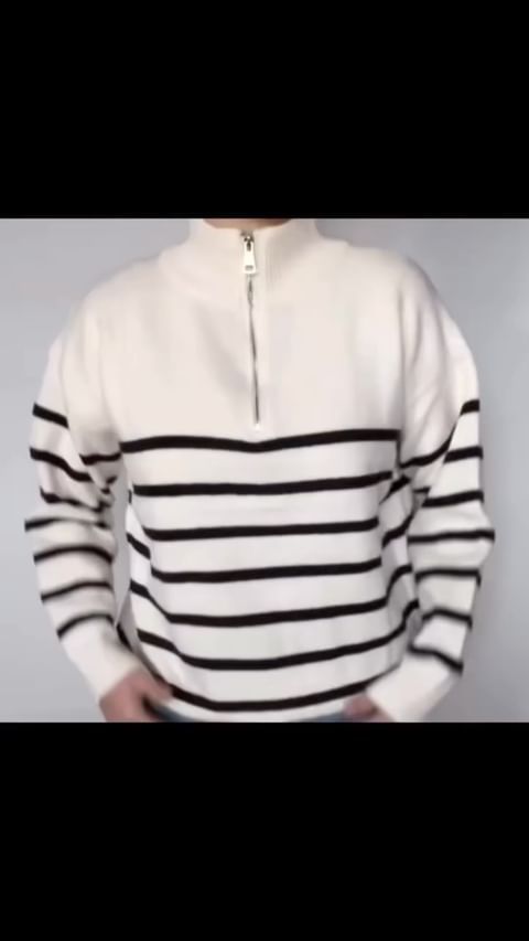 Gebreide Sweater - Wollen Trui - Trui Met Strepen - Trui Met Rits - Trui voor vrouwen - zwarte trui - witte trui
