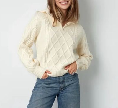 Gebreide Trui Met Kabels - Wollen Trui - Trui Met Rits -kabeltrui - Knitted trui - Witte trui - trui voor dames