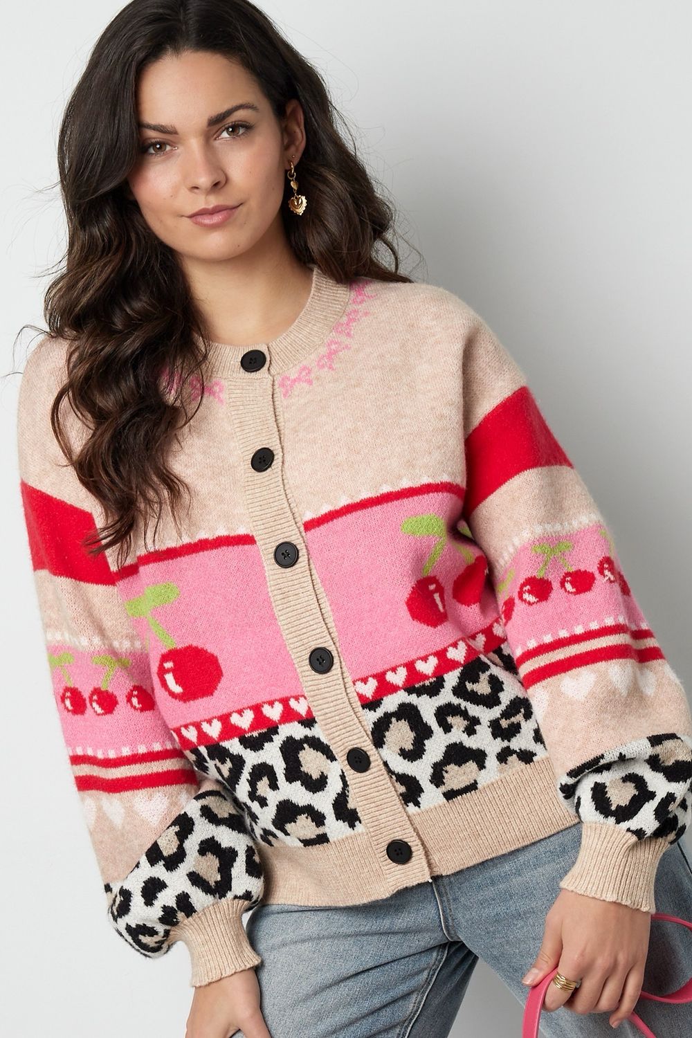 Cherrie Trui - Cardigan - Vest Met Knopen - Beige/ Roze - winter trui