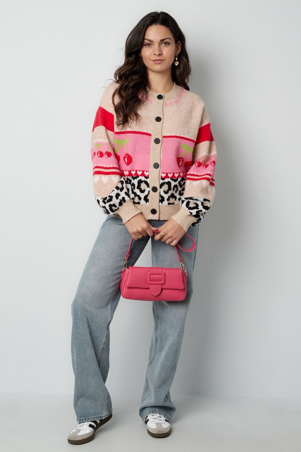 Cherrie Trui - Cardigan - Vest Met Knopen - Beige/ Roze - winter trui