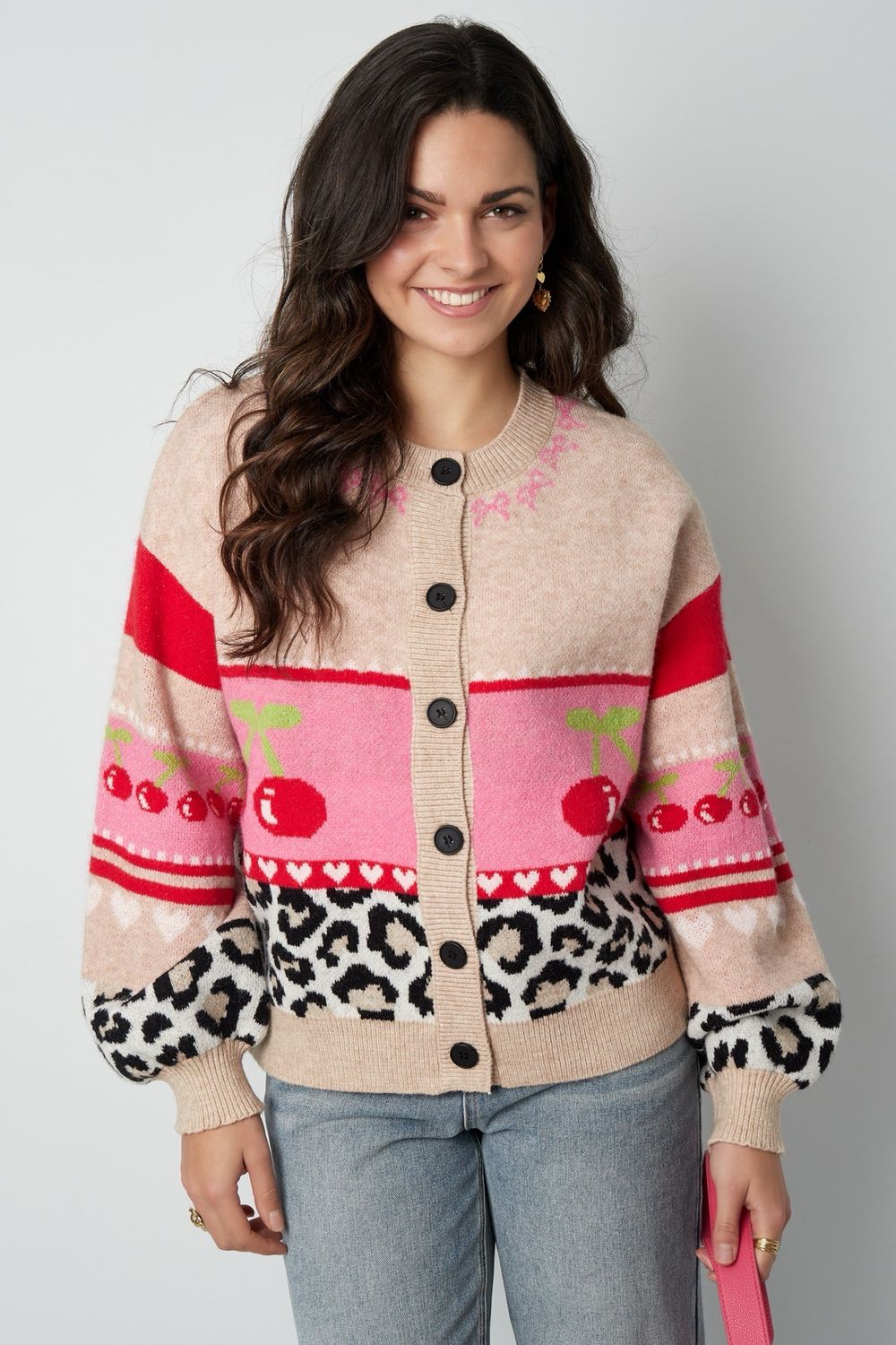 Cherrie Trui - Cardigan - Vest Met Knopen - Beige/ Roze - winter trui