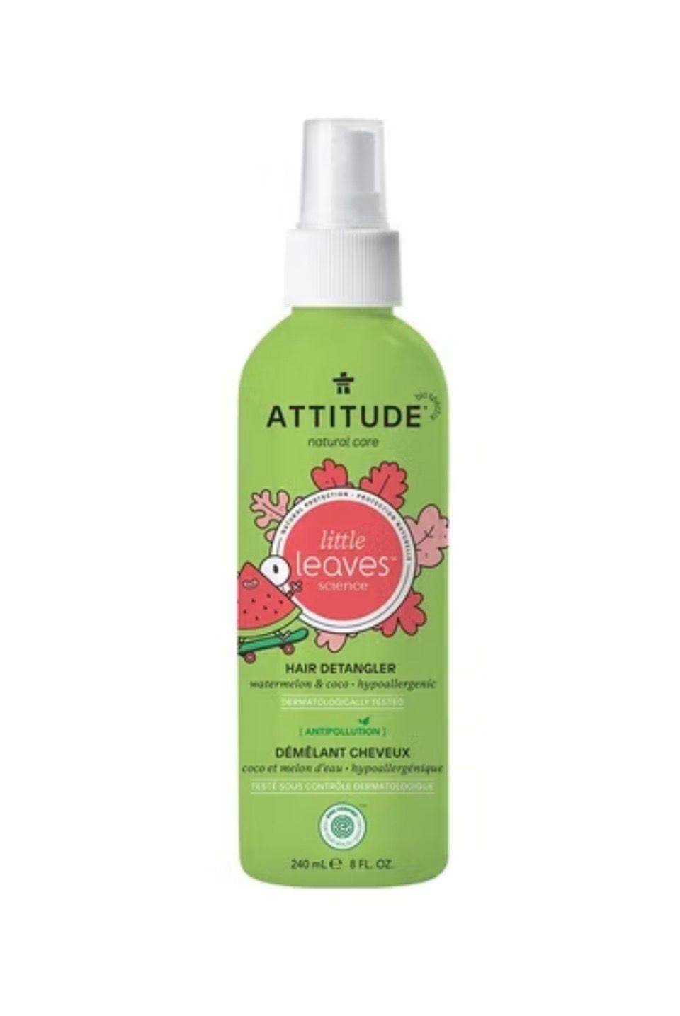 ATTITUDE Natural Hair Detangler - Spray for Baby and Kids EWG Verified Plant and Mineral Based Ingredients -  Hypoallergenic Vegan and Cruelty Free - Watermelon and Coconut-  8 Fl Oz