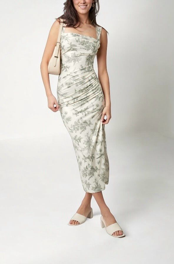 Lange Bloemen Kleed- Aanpassende Jurk Met Split- Stretch Jurk - Lang Kleed Groen - Kleed Met Bloemen Motief - Midi Jurk