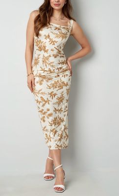 Lang Aanpassend Kleedje Met Print- Lange Jurk Met Split - Beige - Midi Jurk