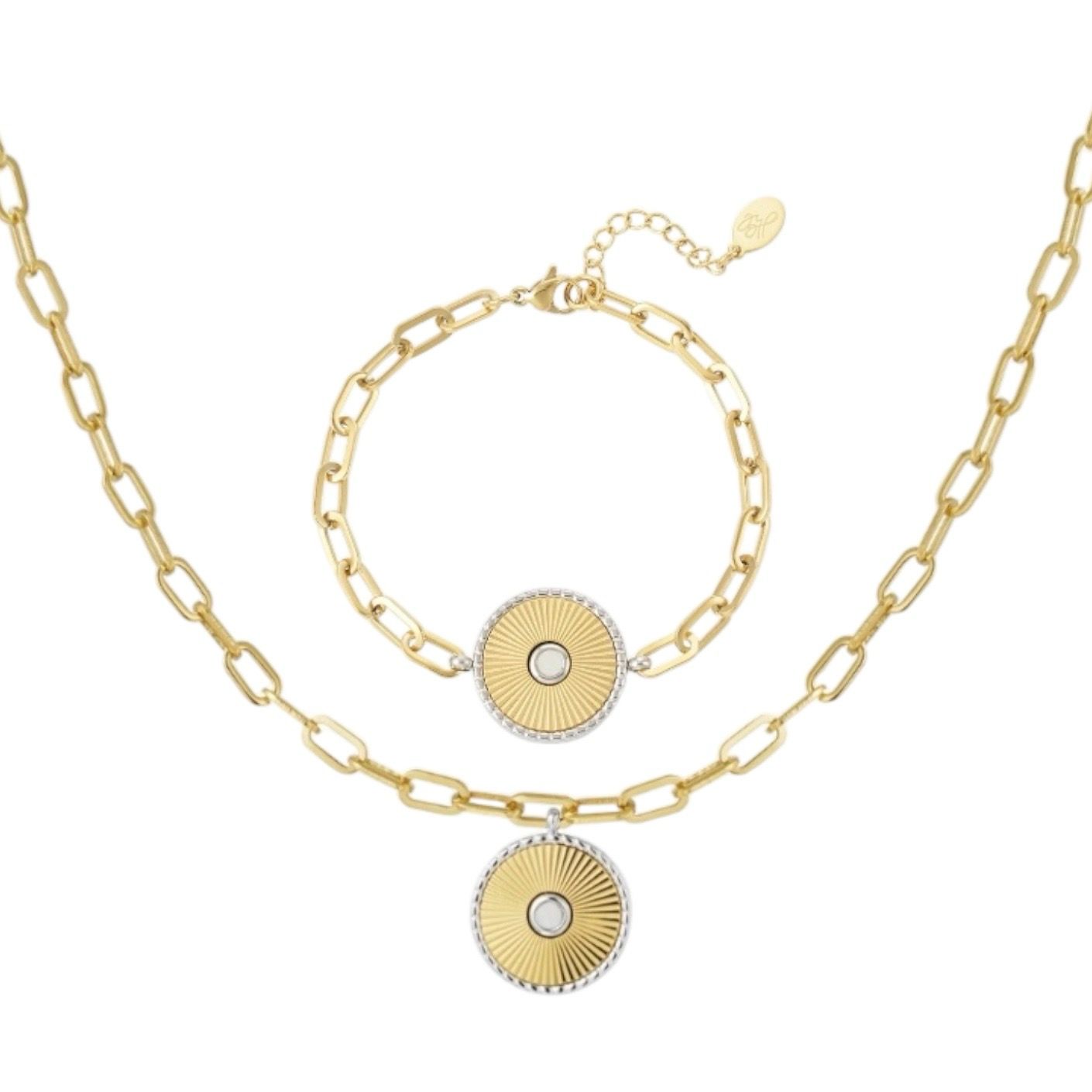 Set Link Ketting - Armband Met Muntbedel - Stainless Steel - cadeau tip