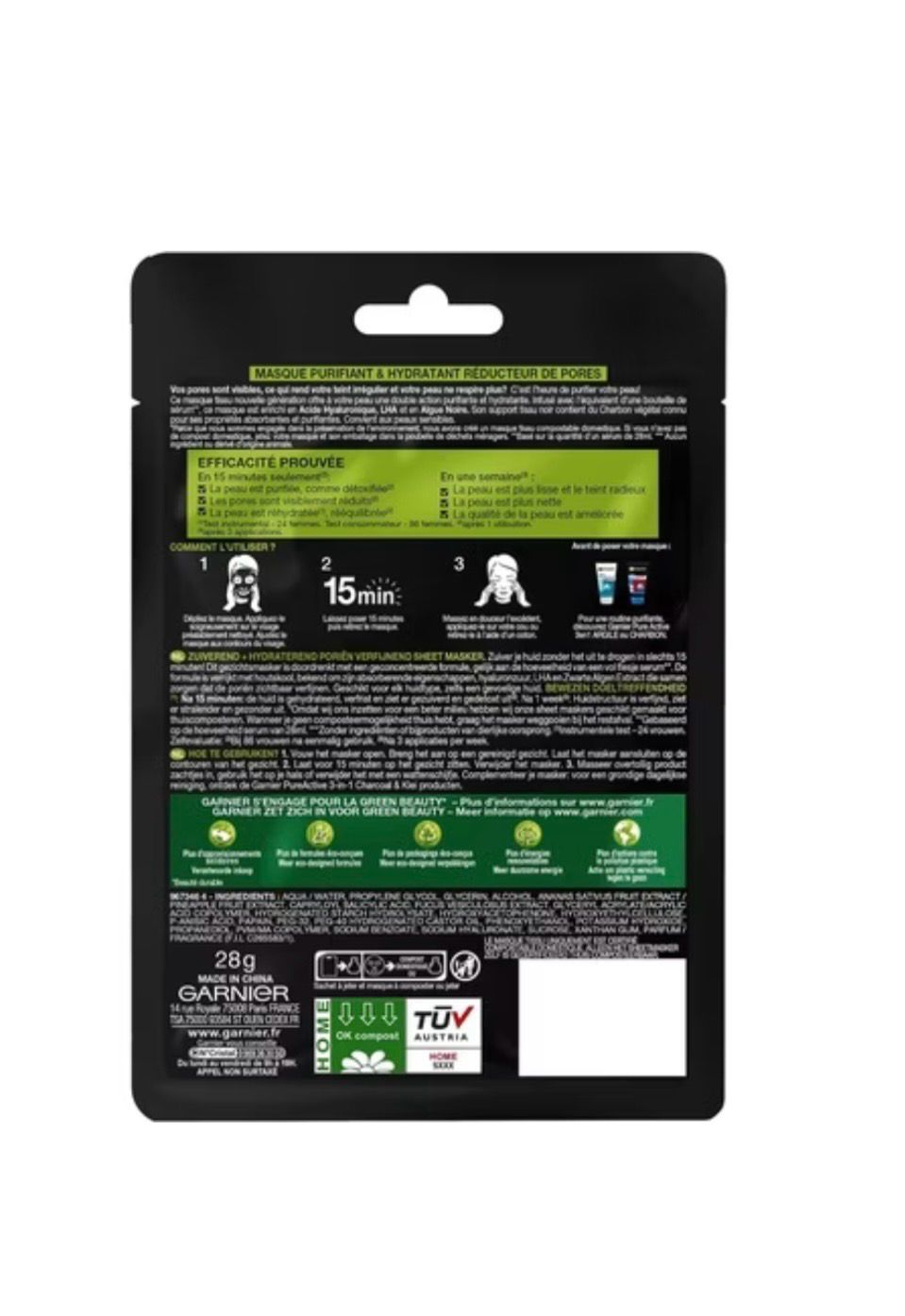 Unisex Garnier Skinactive Botanical Charcoal Sheet Mask- Charcoal Face Mask Sheet