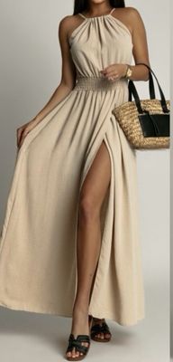 zomer jurken dames- luchtige zomerjurk- maxi zomerjurk - Zomerjurk Met Elastische Taille En Split - Maxi Jurk - Lange Zomerjurk Met Elastische Taille En Split