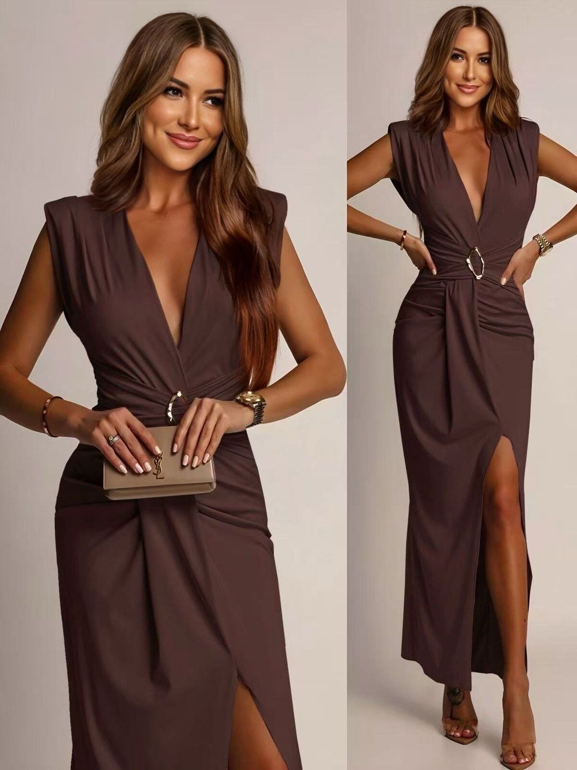 Maxi Jurk Met Split - Aanpassende Jurk - Slanke Jurk - Lange Jurk - Geklede Lange Jurk