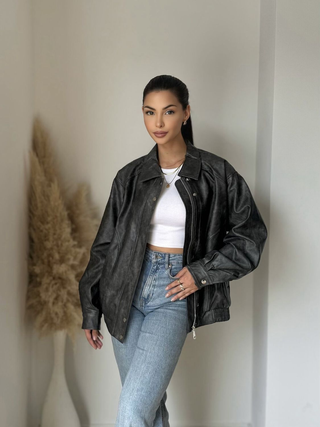 Faux leather bomber jacket- Namaakleder Tussenjas Herfst/ Winter voor dames