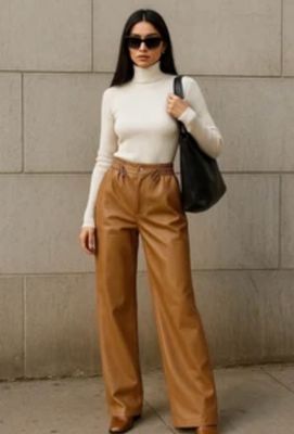 Camel bruine high-waist faux leren wide leg broek – dames pantalon”