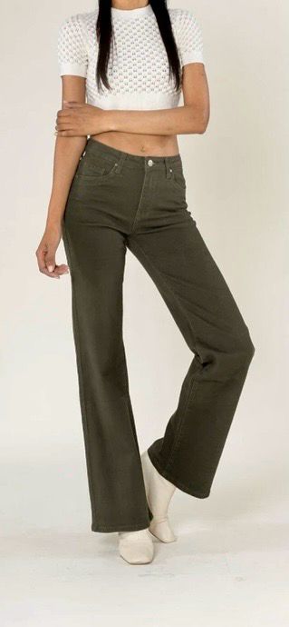 Dames flared jeans hoog model – Kaki Groen High Waist Flared Jeans