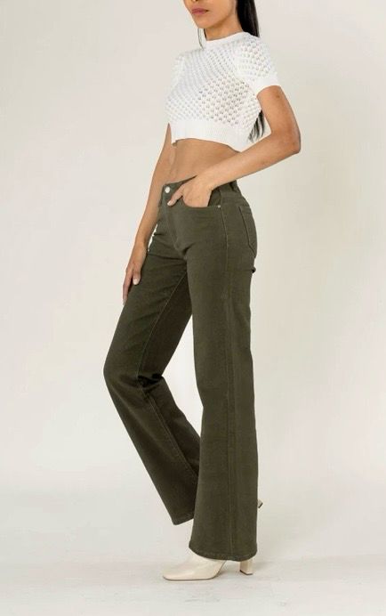 Dames flared jeans hoog model – Kaki Groen High Waist Flared Jeans