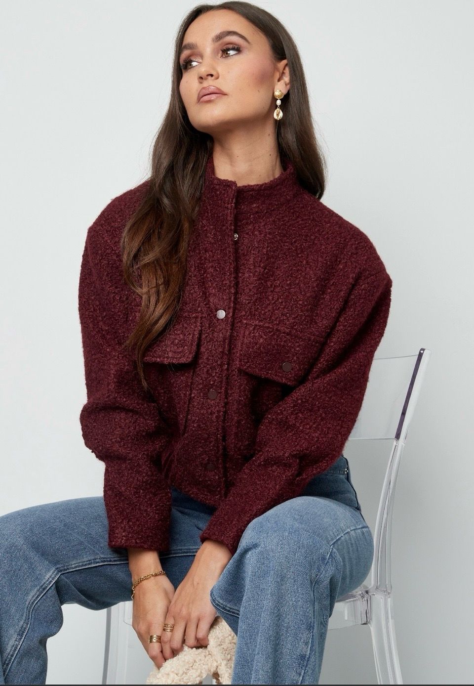 Bordeaux Cropped Teddy Jas – Warme Damesjack met Borstzakken”