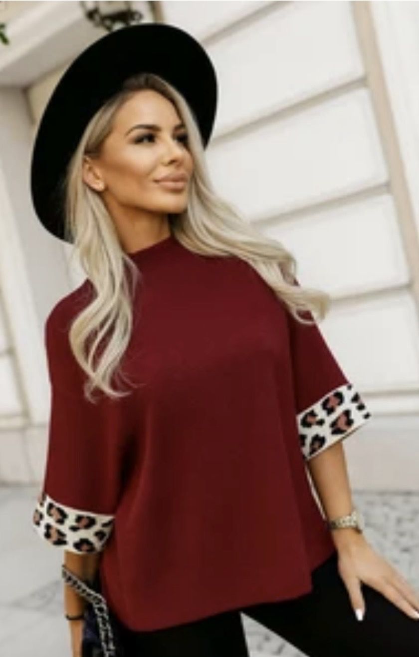 Trui met hoge hals En Korte Mouwen Sweater Met luipaardprint op de mouwen Voor Dames