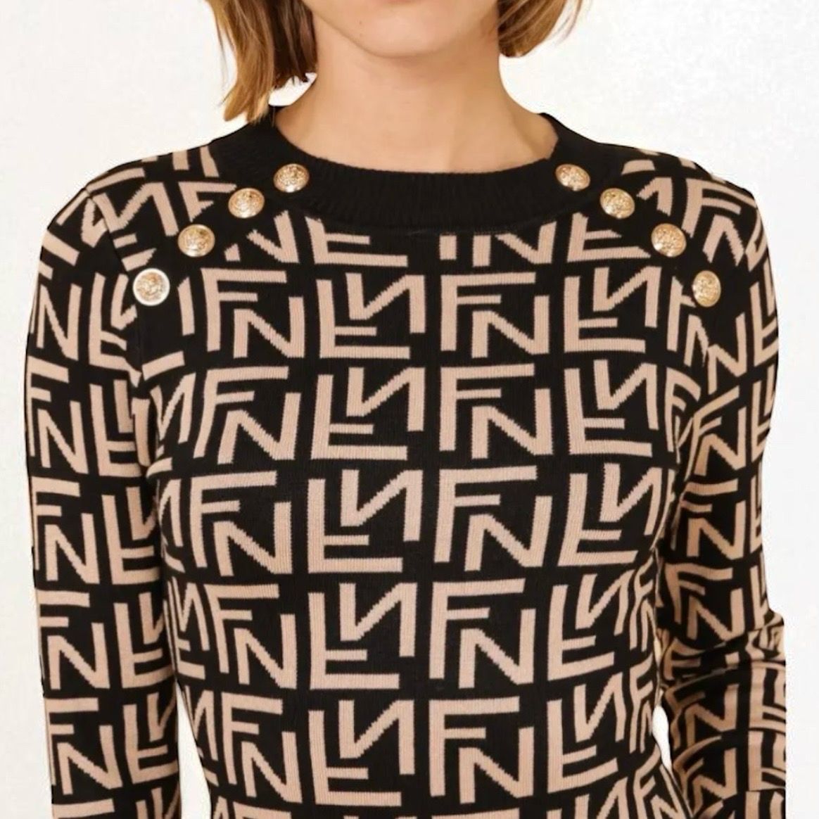Gebreide Jurk met Print – Elegante Lange Mouwen Dames Jurk