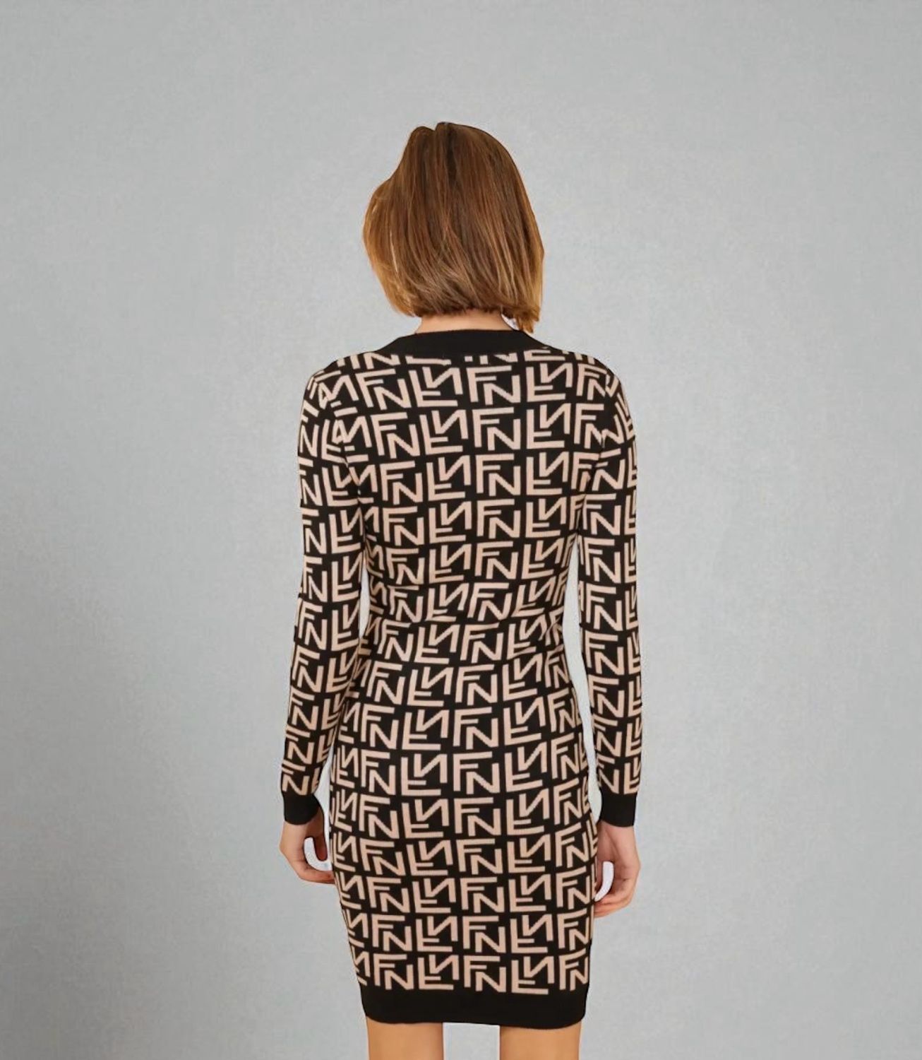 Gebreide Jurk met Print – Elegante Lange Mouwen Dames Jurk