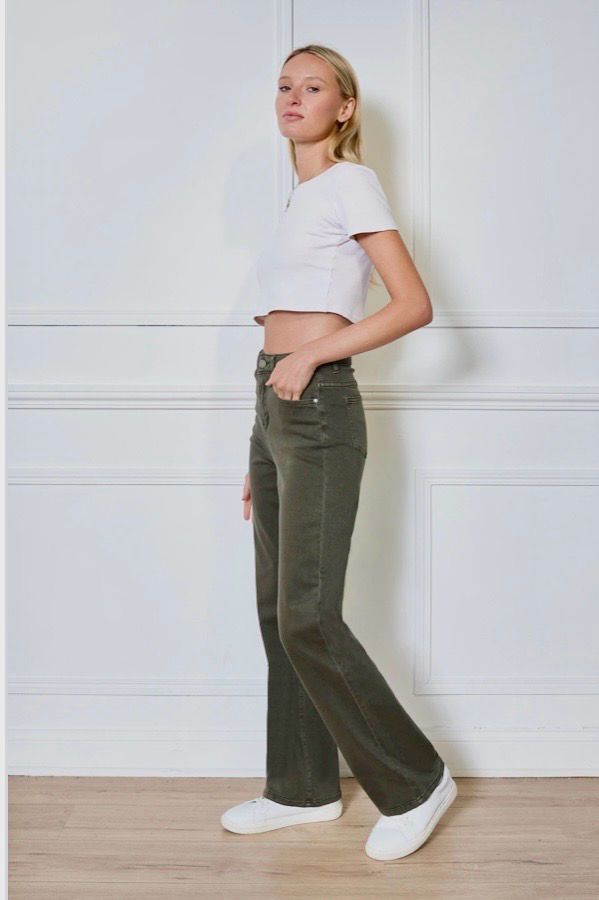Straight Leg Jeans Dames | High Waist Stretch Broek – Bruin, Beige &amp; Army Green