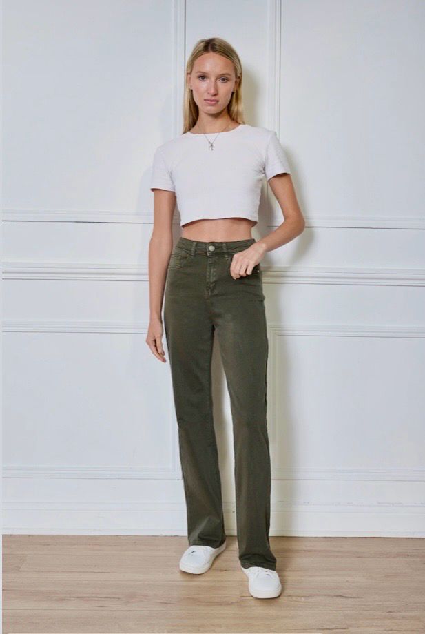 Straight Leg Jeans Dames | High Waist Stretch Broek – Bruin, Beige &amp; Army Green