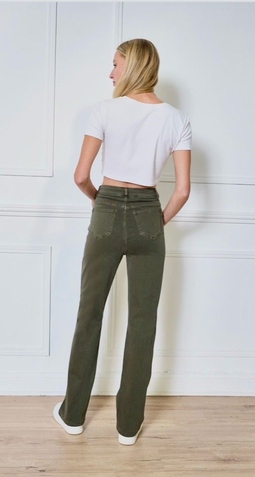 Straight Leg Jeans Dames | High Waist Stretch Broek – Bruin, Beige &amp; Army Green