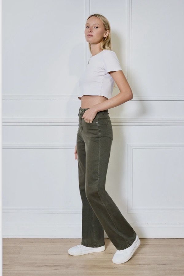Straight Leg Jeans Dames | High Waist Stretch Broek – Bruin, Beige &amp; Army Green
