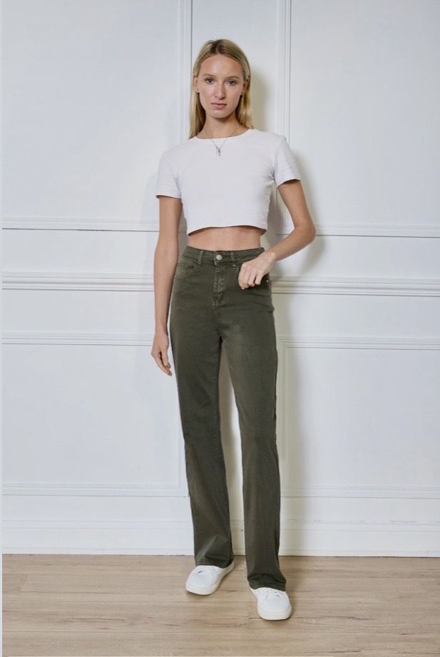Straight Leg Jeans Dames | High Waist Stretch Broek – Bruin, Beige &amp; Army Green