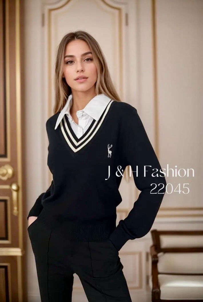 V-  Nek Gebreide Trui Met Shirt Kraag.– Preppy College Style Sweater voor Dames