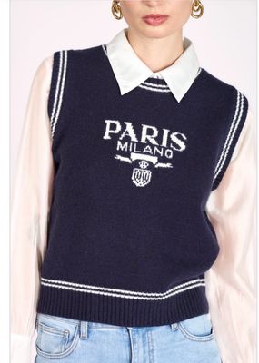 Donkerblauwe Sweater Vest Paris Milano – Gebreide College Style Spencers voor Dames