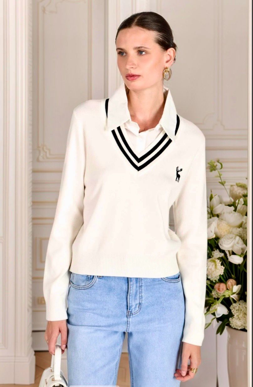 V-  Nek Gebreide Trui Met Shirt Kraag.– Preppy College Style Sweater voor Dames