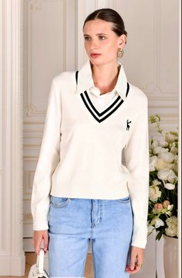 V-  Nek Gebreide Trui Met Shirt Kraag.– Preppy College Style Sweater voor Dames