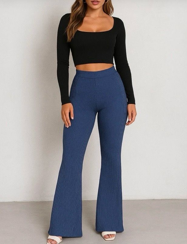Dames Rib Flared Pants – High Waist – Bruin/Beige/blauw/ Zwart – Comfort &amp; Stretch