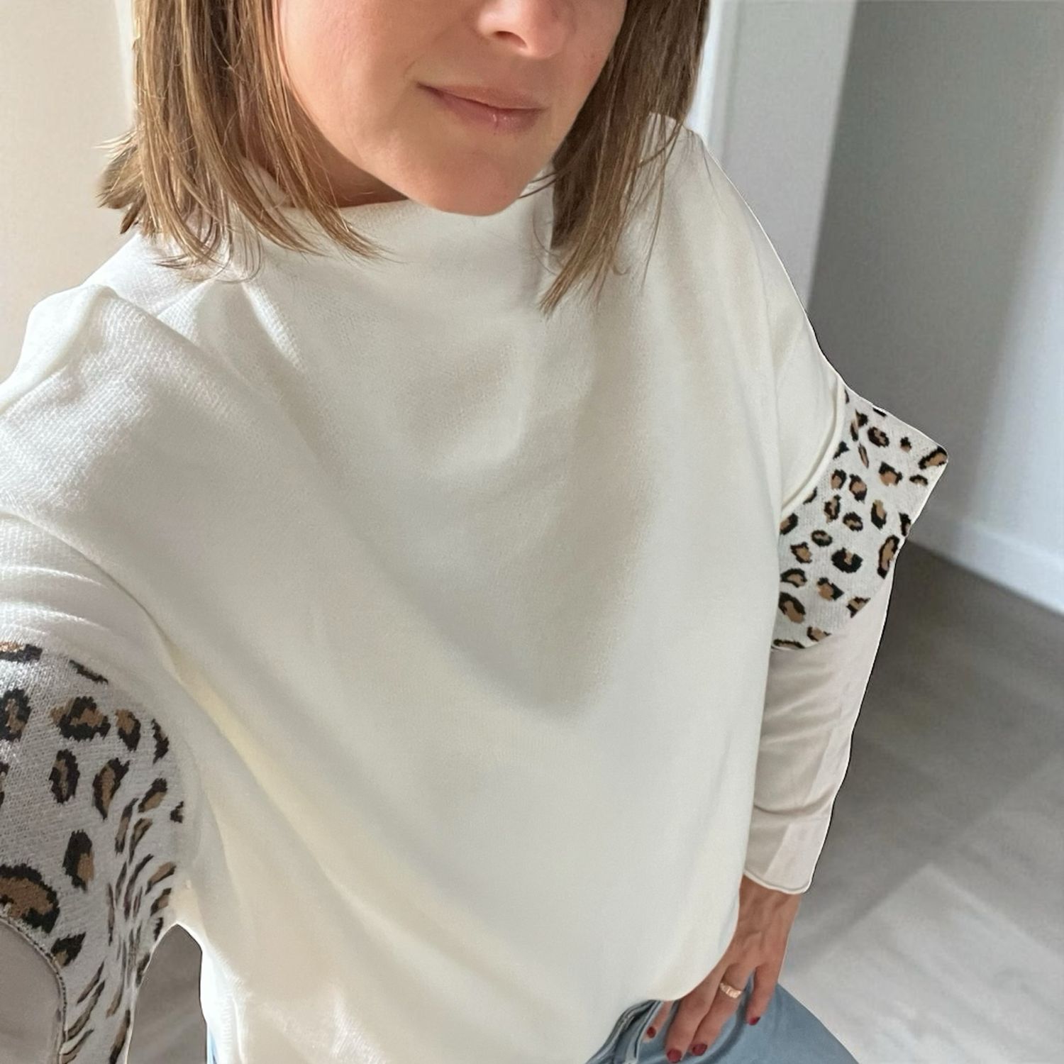 Trui met hoge hals En Korte Mouwen Sweater Met luipaardprint op de mouwen Voor Dames